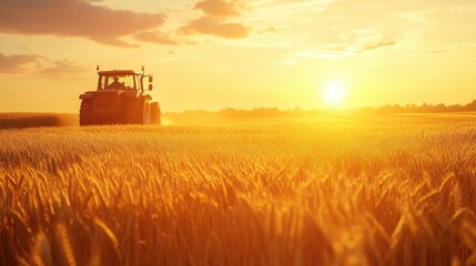Fototapeta premium Tractor baling wheat field at sunset 