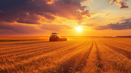 Fototapeta premium Tractor baling wheat field at sunset 
