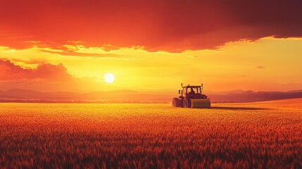 Tractor baling wheat field at sunset 
