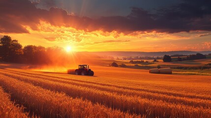 Fototapeta premium Tractor baling wheat field at sunset 