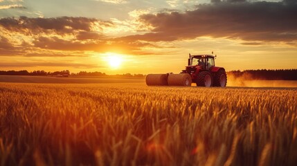 Tractor baling wheat field at sunset 