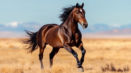 Obraz premium A majestic horse galloping gracefully across a golden field, showcasing its strength and beauty in nature.