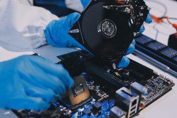 Obraz premium Electronics technician, electronic engineering electronic repair, electronics measuring and testing, repair and maintenance concepts.