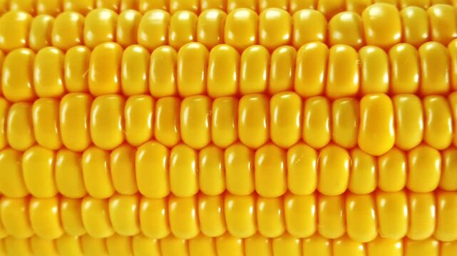 Close up shot of ripe Fresh sweet corn pattern on cob with leaves, Corn Seeds Texture, Organic vegetarian food for health, moving