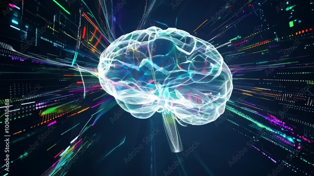Poster Digital holographic AI brain science concept. Artificial intelligence brain network