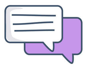 Naklejka premium Two speech bubbles, one white with lines and the other purple. Ideal for themes of communication, dialogue, messaging, conversation, and social interaction. Simple vector design with a modern