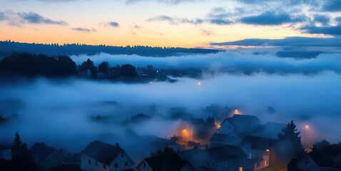 Dense fog covering a coastal town at dawn, foggy weather, quiet and eerie
