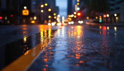Light rain falling on a city street at night, wet weather, reflections on the pavement