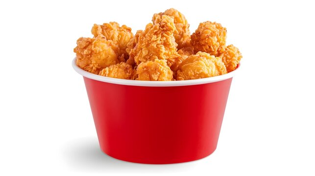 A bucket of golden fried chicken pieces, isolated on white, crispy and appetizing, perfect fast food concept for menu design or commercial ads, isolated on white background