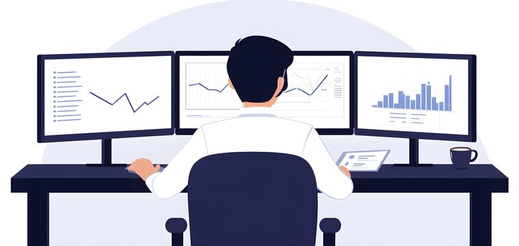 analyst working on multiple computer screens clip art preview