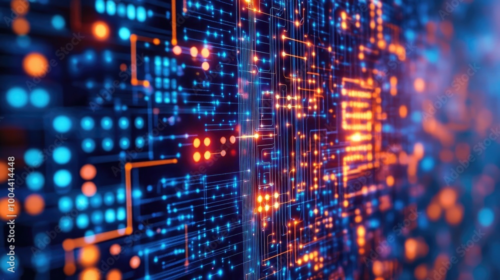 Poster digital data streams moving across a circuit board, showcasing abstract high-tech processing and art