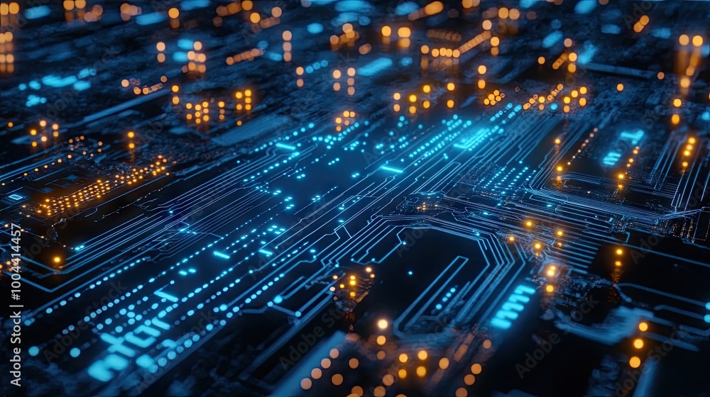 Poster digital data streams moving across a circuit board, showcasing abstract high-tech processing and art