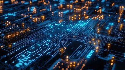 Obraz premium Digital data streams moving across a circuit board, showcasing abstract high-tech processing and artificial intelligence.