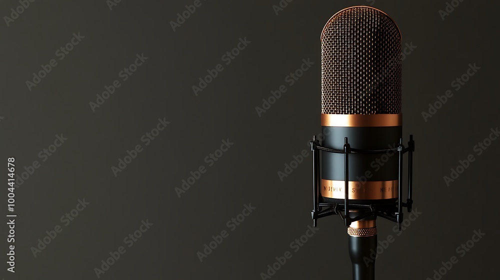 Wall mural a close-up of a professional condenser microphone with a copper finish against a dark background.