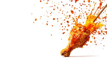 A crispy fried chicken leg drenched in hot sauce, splash effect, sauce flying in all directions, food explosion concept, high-energy shot, isolated on white background