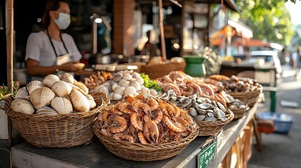 Fototapeta premium Lively market scene with a variety of shellfish in baskets, vibrant colors, and fresh sea air, seafood market, local cuisine