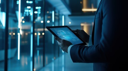 Obraz premium A business executive using a tablet to review global business trends, sleek modern office with bright lighting