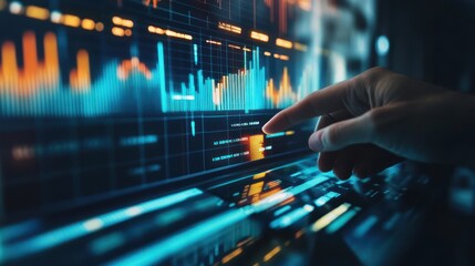 A business leader explaining new growth strategies during a meeting, digital screen displaying key financial data