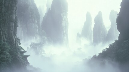 Mystical Ancient Chinese Mountain Range in Ominous Darkness