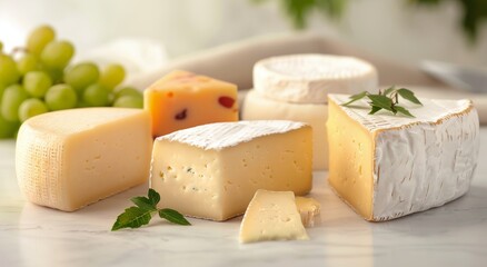 Assorted Cheeses Display With Fresh Grapes On White Marble Surface