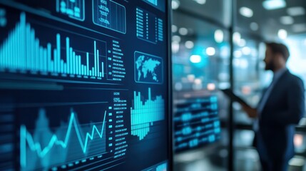 A business leader explaining new growth strategies during a meeting, digital screen displaying key financial data