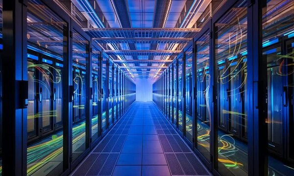 In the high-tech server room of a data center, digital information travels through glowing network cables and servers hidden behind glass panels. Soft blue lighting highlights the rows of servers.