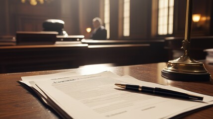 Legal Documents on Table with Pen in Courthouse Setting