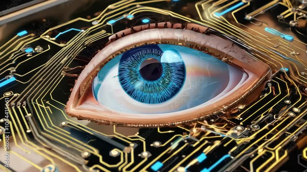 Poster Technology and science concept with cyber eye and circuit board depicting development of artificial intelligence or ai
