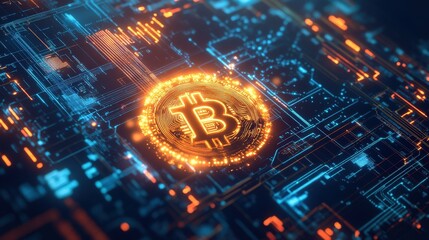 Glowing Bitcoin Symbol in Futuristic Digital Background