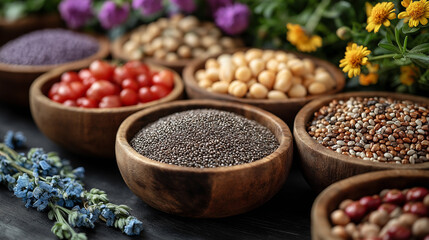 Fototapeta premium une photographie d'un repas de famille vu de haut ou l'on voit une table remplis de nourriture avec des graines de chia, il faut sue ce soit chic et lumineux