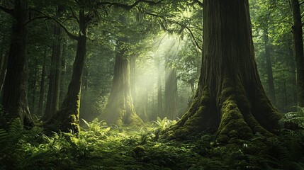 Fototapeta premium Lush forest with sunlight filtering through trees.