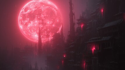 Obraz premium Eerie Chinese Village: Haunted by Ghostly Apparitions Under Blood-Red Moonlight