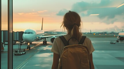 Woman with backpack looking at plane through window at airport