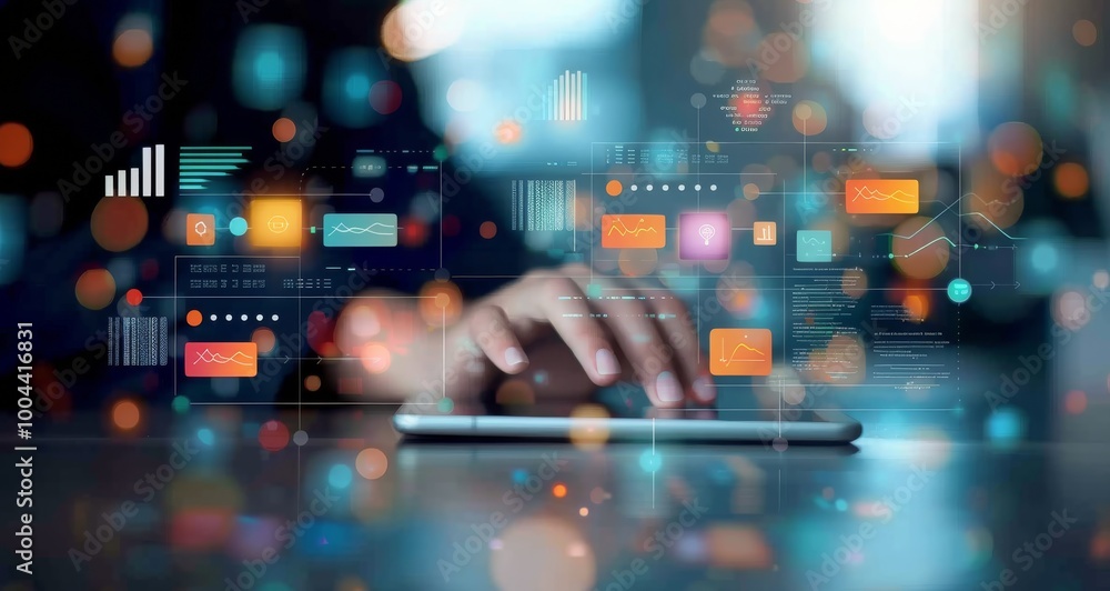Poster person using tablet with colorful bokeh effect in modern indoor setting at night