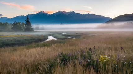 A misty mountain landscape at dawn, featuring vibrant flowers in the foreground and majestic peaks in the background. AI Generated Image