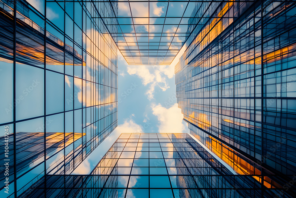 Poster view from the bottom of the skyscraper modern building