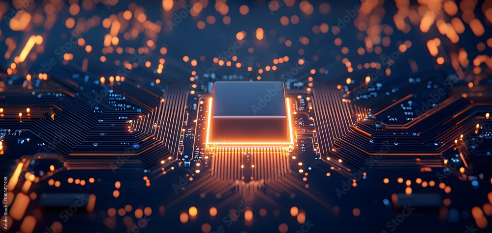 Poster futuristic circuit board with glowing orange lights, complex microchip architecture, digital technol