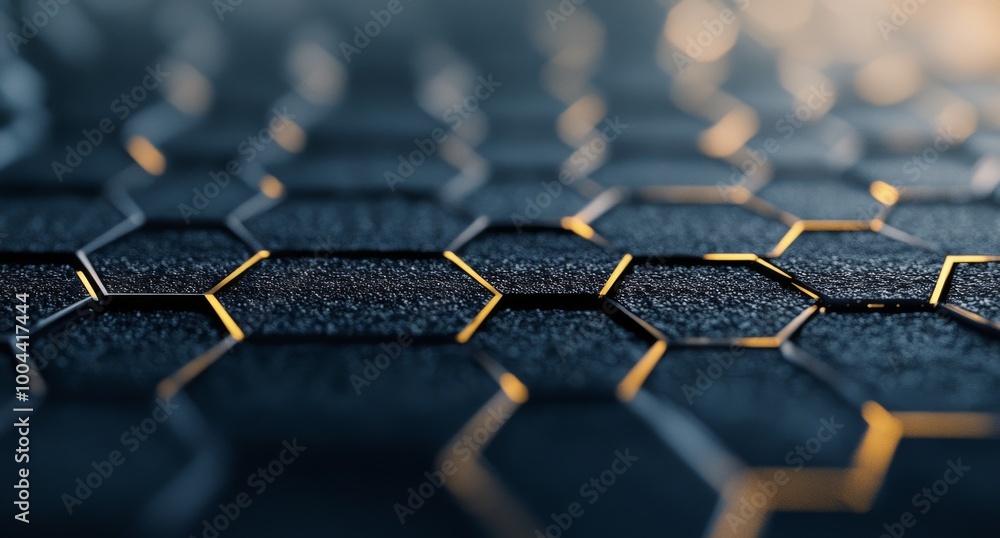 Poster hexagonal pattern of metallic mesh on a textured surface during golden hour