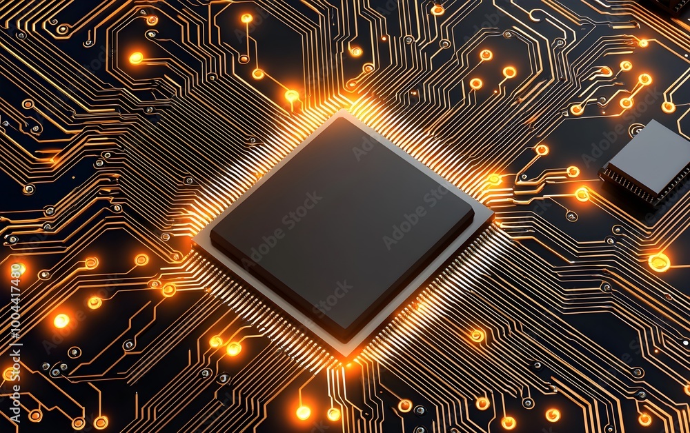 Poster futuristic circuit board with glowing orange lights, complex microchip architecture, digital technol