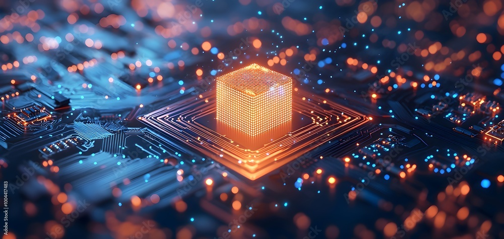 Poster futuristic circuit board with glowing orange lights, complex microchip architecture, digital technol