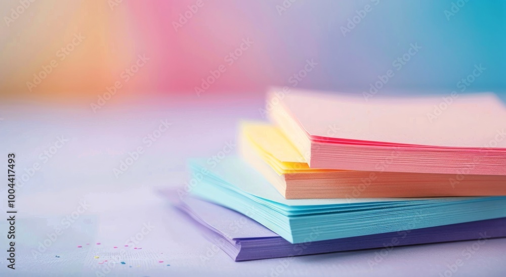 Poster colorful stacked sticky notes on a soft purple table with a gradient background