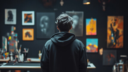 Fototapeta premium Individual observes art in an intimate gallery setting surrounded by diverse artwork and creative tools during the evening