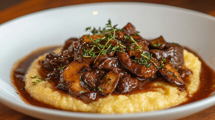 A savory polenta dish topped with saut&eacute;ed mushrooms and herbs.