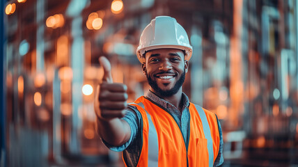 Construction worker wearing hard hat and orange vest smiling and giving thumbs up inside factory.