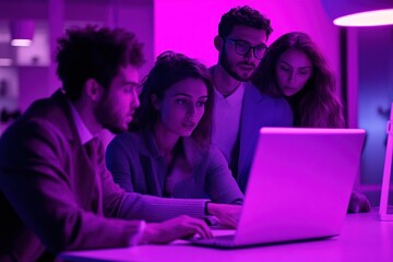 Team collaborating on project with laptop, purple glow