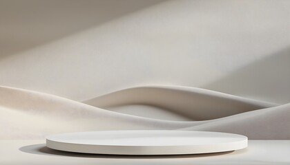 Futuristic white platform in a desert landscape, minimalist design contrasting with the organic flow of the dunes, concept of modernity in nature