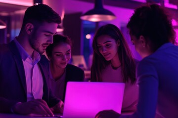 Business team collaborating in neon-lit workspace