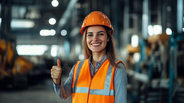 Construction worker wearing hard hat and orange vest smiling and giving thumbs up inside factory.