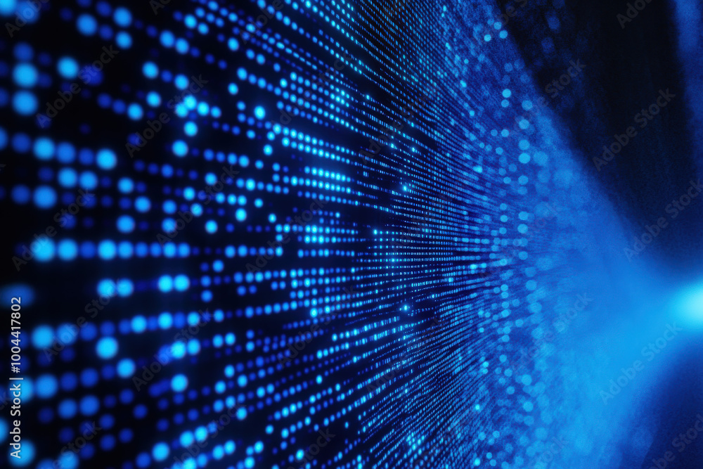 Poster vibrant blue dots create a mesmerizing digital landscape in a dark space, evoking the essence of tec