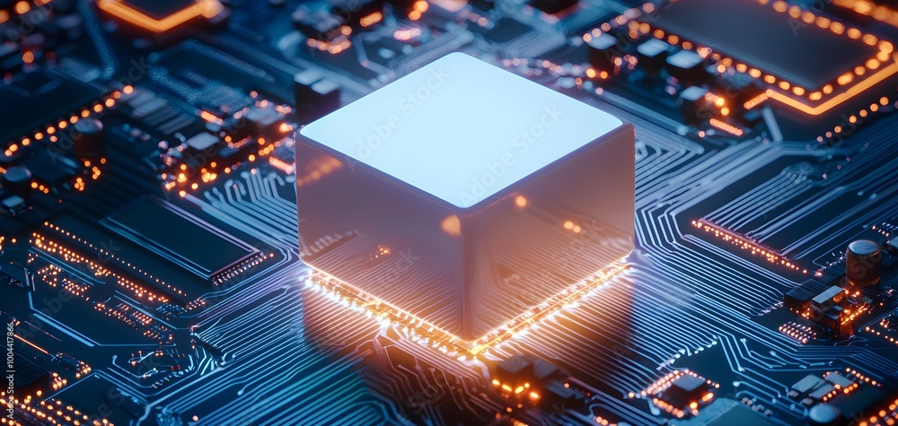 Poster glowing cube at the core of a futuristic circuit board, detailed circuitry illuminated by blue and o
